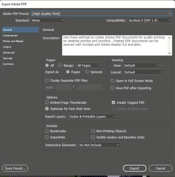 Step 2 - Select Adobe PDF Preset to High Quality Print